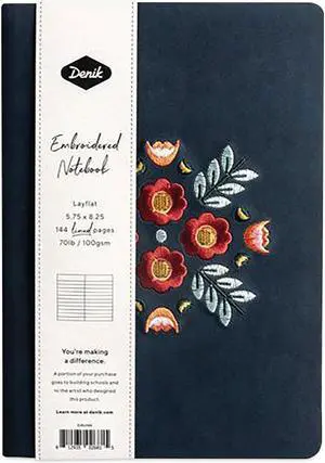 Denik Embroidered Vegan-Suede Hardbound Journal Floral Blue 72 Sheets AHBC550L