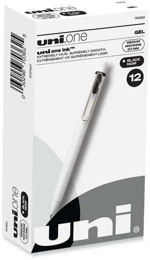 uniONE Gel Pen Retractable Medium 0.7 mm Black Ink White/Black Barrel Dozen 70362