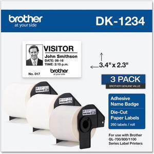 Brother DK-1234 Adhesive Name Badge Paper Labels 3-4/10" x 2-3/10" Black on White 260 Labels/Roll 3 Rolls/Box (DK-12343PK)