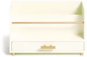 Juliet Desk Organizer 3 Compartments 1 Drawer 9.5" x 4.2" x 4.9" White/Gold Wood/Metal 3464U0312