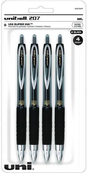 uni-Ball Signo 207 Gel Pen, Retractable, Fine 0.5 mm, Black Ink, 4/Pack 61270