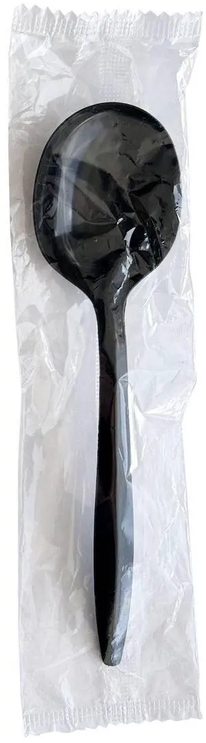 Mediumweight Wrapped Polypropylene Cutlery Soup Spoon Plastic Black 1000/Carton BWKSOUPBLPPIW