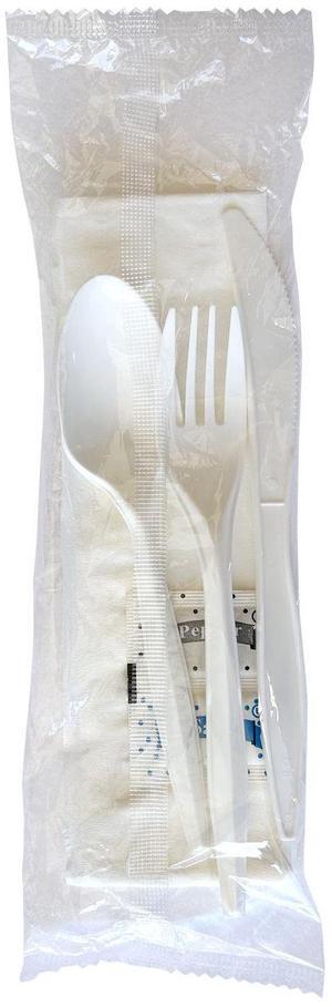 Six-Piece Cutlery Kit Mediumweight Fork/Knife/Napkin/Pepper/Salt/Spoon 5.86" Plastic White 250/Carton BWK6COMBOKITPP