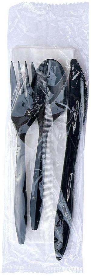 Four-Piece Cutlery Kit Mediumweight Fork/Knife/Napkin/Spoon Plastic 6.38" Black 250/Carton BWK4KITBLPP
