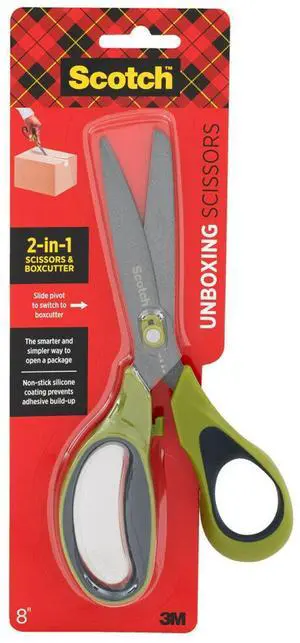 Non-Stick Unboxing Scissors 8" Long 2.7" Cut Length Straight Green/Black Handle 1488NS