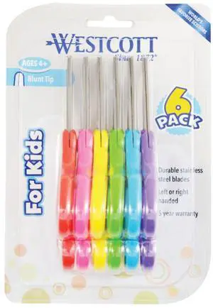 For Kids Scissors Rounded Tip 5" Long 1.75" Cut Length Straight Assorted Color Handles 6/Pack 16454