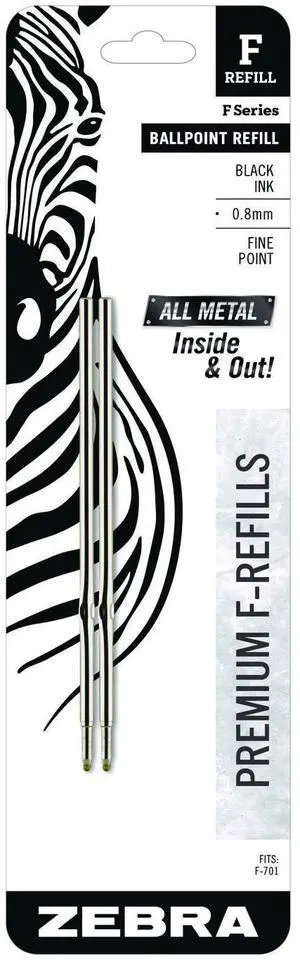 Zebra F-Series Ballpoint Stainless Steel Pen Refill, Fine 0.8mm, Black 89112