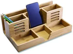 Bamboo Desk Organizer 7 Compartments 14.09 x 8.62 x 5.28 Natural Wood Grain Bamboo 71001