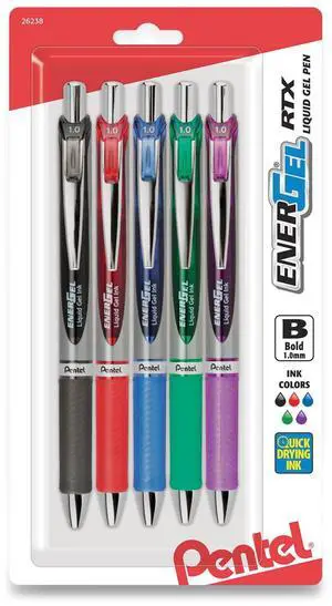 Pentel EnerGel RTX Gel Pen Retractable Bold Assorted Ink 5/Pk BL80BP5M