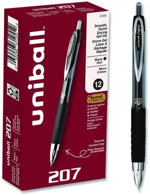 Uni-ball Signo 207 Retractable Gel Pen Micro 0.5 mm Black Ink Dozen 61255