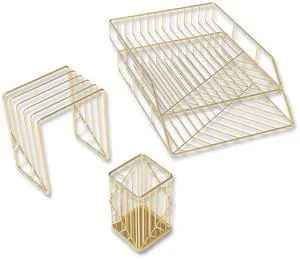 Vena Desktop Organization Kit 8 Compartments Letter Sorter Paper Tray Pencil Cup Gold Metal 3940U0001