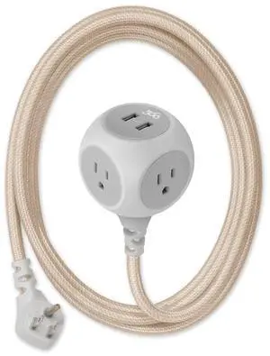 360 Electrical 6ft 3-Outlet Habitat Braided Extension Cord w/ 2 USB, Gold