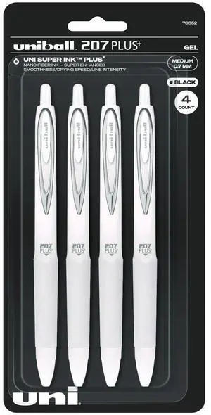 207 Plus+ Gel Pen Retractable Medium 0.7 mm Black Ink White Barrel 4/Pack 70652