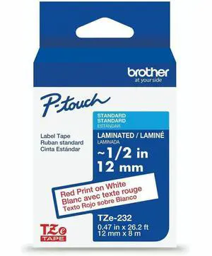 Brother Genuine P-Touch TZe Red Print on White Label Tape (TZe232), Laminated,1/2in x 26.2ft (12mm x 8m) Brother Genuine P-Touch TZe Red Print on White Label Tape (TZe232), Laminated,1/2in x 26.2ft (12mm x 8m)