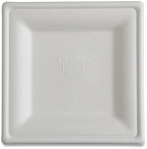 Vanguard Renewable and Compostable Sugarcane Plates 10 x 10 White 250/Carton EPP023NFA Vanguard Renewable and Compostable Sugarcane Plates 10 x 10 White 250/Carton EPP023NFA