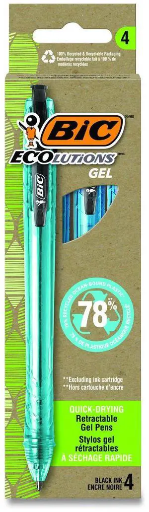 Ecolutions Gel Pen Retractable Medium 1 mm Black Ink Blue Barrel 4/Pack RGLE4BLK Ecolutions Gel Pen Retractable Medium 1 mm Black Ink Blue Barrel 4/Pack RGLE4BLK