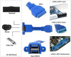 Xiwai Cable Stackable USB 3.0 Female Panel Type to Motherboard 20Pin Header Cable Dual Ports 50cm