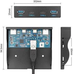 Jimier Cable USB-C & USB 3.0 HUB 4 Ports Front Panel to Motherboard 20Pin Connector Cable for 3.5" Floppy Bay