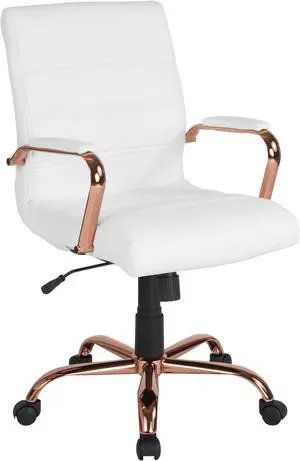 Mid-Back White LeatherSoft Executive Swivel Office Chair with Rose Gold Frame and Arms