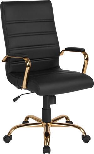 High Back Black LeatherSoft Executive Swivel Office Chair with Gold Frame and Arms