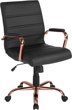 Mid-Back Black LeatherSoft Executive Swivel Office Chair with Rose Gold Frame and Arms