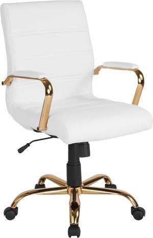 Mid-Back White LeatherSoft Executive Swivel Office Chair with Gold Frame and Arms