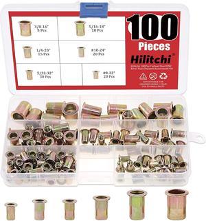 Hilitchi 100 Pcs UNC Rivet Nuts Threaded Insert Nut Assortment Kit, 5/32-32, 8-32, 10-24, 1/4-20, 5/16-18, 3/8-16 UNC Rivnut