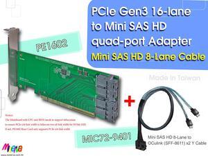 PCIe x16 Gen3 to Mini SAS HD (SFF-8643) quad-port Adapter with Mini SAS HD 8-Lane to OCulink (SFF-8611) 4-Lane x2 Y Cable KIT
