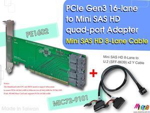 PCIe x16 Gen3 to Mini SAS HD (SFF-8643) quad-port Adapter with Mini SAS HD 8-Lane to U.2 (SFF-8639)x2 Y Cable KIT