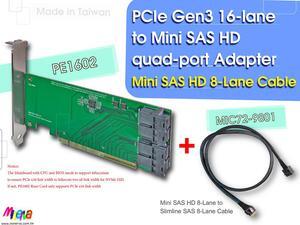 PCIe x16 Gen3 to Mini SAS HD (SFF-8643) quad-port Adapter with Mini SAS HD 8-Lane to Slimline SAS (SFF-8654) 8-Lane Cable KIT