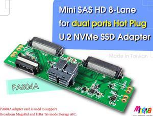PA804A - Mini SAS HD 8x (SFF-8643 8-Lane) to dual ports Hot Plug U.2 NVMe SSD Adapter for Tri-Mode MegaRaid 9480-8i8e