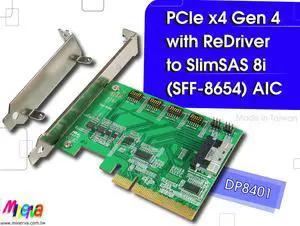 PCIe x8 Gen 4 with ReDriver to SFF-8654 8i, supports bifurcation PCIe x8 Gen 4 with ReDriver to SFF-8654 8i, supports bifurcation