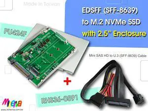 EDSFF(SFF-8639) to M.2 NVMe SSD (bulit-in SMBUS Repeater& 64K EEPROM) with 2.5”Enclosure + Mini SAS HD to U.3 female Cable KIT