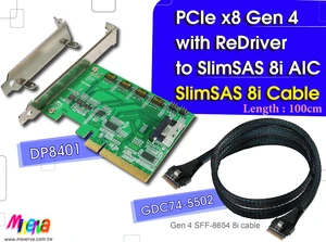 PCIe x8 Gen 4 + ReDriver to SFF-8654 8i Adapter + SlimSAS 8i cable, 100cm KIT for Intel ICE LAKE SERVER PCIe x8 Gen 4 + ReDriver to SFF-8654 8i Adapter + SlimSAS 8i cable, 100cm KIT for Intel ICE LAKE SERVER
