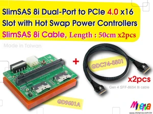 SlimSAS 8i Dual-Port PCIe 4.0 to PCIe x16 Slot with Hot plug Power Protection & SlinSAS 8i cable, 50cm x2pcs SlimSAS 8i Dual-Port PCIe 4.0 to PCIe x16 Slot with Hot plug Power Protection & SlinSAS 8i cable, 50cm x2pcs