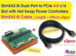 SFF-8654 8i Dual-Port PCIe 4.0 to PCIe x16 Slot with Hot plug Power Protection & SFF-8654 8i cable, 100cm x2pcs