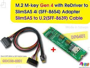 M.2 M-key PCIe Gen 4 with ReDriver to slimSAS 4i & SlimSAS 4i to U.2 Cable/50cm KIT for Intel D7-P5510 Series