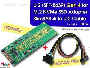 PCIe 4.0 SlimSAS 4i (SFF-8654) to U.2 (SFF-8639) Cable, 50cm & U.2 to M.2 NVMe Adapter