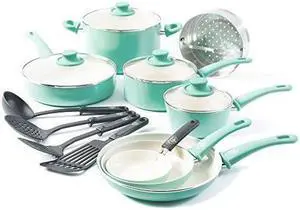 greenlife soft grip 16pc ceramic nonstick cookware set, turquoise