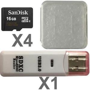 SanDisk 16GB microSDHC Class 4 SDSDQAB-016G Memory Card (4 Pack) with Plastic Cases and 1 Reader