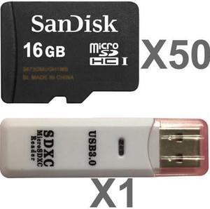 SanDisk 16GB microSDHC Class 4 SDSDQAB-016G Memory Card (50 Pack) with 1 Reader