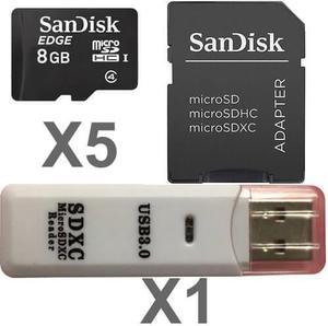 SanDisk 8GB MicroSD Class 4 UHS-1 SDSDQAB-008G Micro SDHC Card (5 Pack) with 5 SD Adapters and 1 Reader