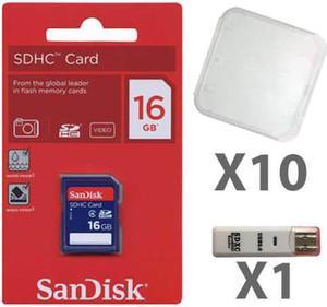 SanDisk 16GB SDHC Class 4  SDSDB-016G-B35 Memory Card Retail (10 Pack) with Plastic Cases and 1 Reader