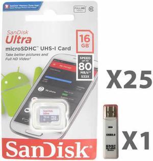 SanDisk 16GB microSDHC Class 10 SDSQUNS-016G-GN3MN Memory Card Retail (25 Pack) with 1 Reader