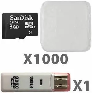SanDisk 8GB MicroSD Class 4 UHS-1 SDSDQAB-008G Micro SDHC Card (1000 Pack) with Plastic Cases and 1 Reader