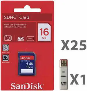 SanDisk 16GB SDHC Class 4  SDSDB-016G-B35 Memory Card Retail (25 Pack) with 1 Reader