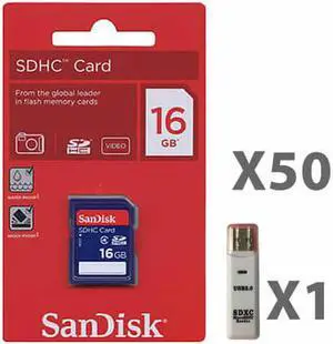 SanDisk 16GB SDHC Class 4  SDSDB-016G-B35 Memory Card Retail (50 Pack) with 1 Reader