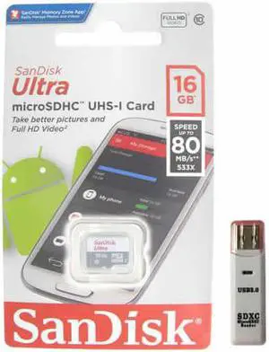 SanDisk Kit of 1 x Sandisk Ultra 16GB mSDHC SDSQUNS-016G-GN3MN Card with 1 USB Reader