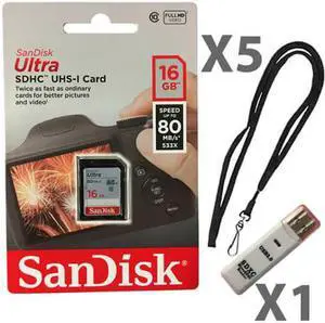 SanDisk Kit of Qty 5 x Sandisk 16GB SDHC SDSDUNC-016G-GN6IN Card with 5 x Lanyards and 1 x USB Reader