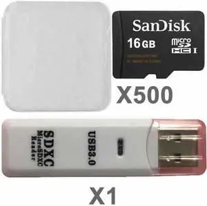 SanDisk Kit of Qty 500 x Sandisk 16GB mSDHC SDSDQAB-016G Card with Plastic Cases and 1 USB Reader